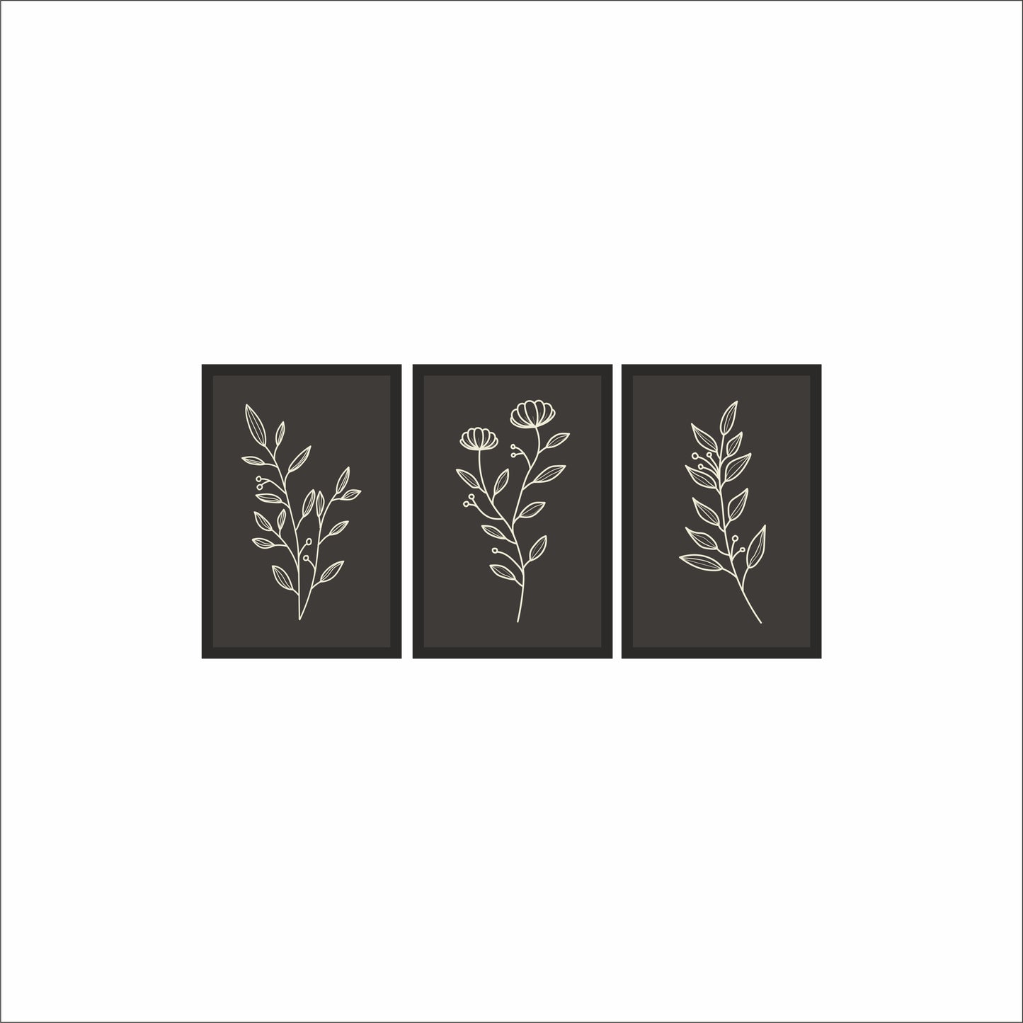 Midnight Botanical Wall Frame Set of 3 – Minimal Line Art in Black & Ivory 🌿🖤