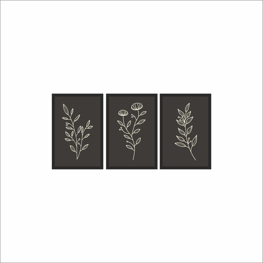 Midnight Botanical Wall Frame Set of 3 – Minimal Line Art in Black & Ivory 🌿🖤