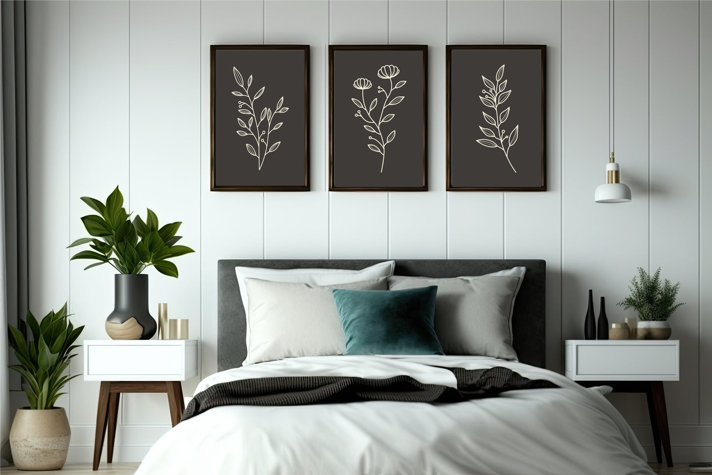 Midnight Botanical Wall Frame Set of 3 – Minimal Line Art in Black & Ivory 🌿🖤