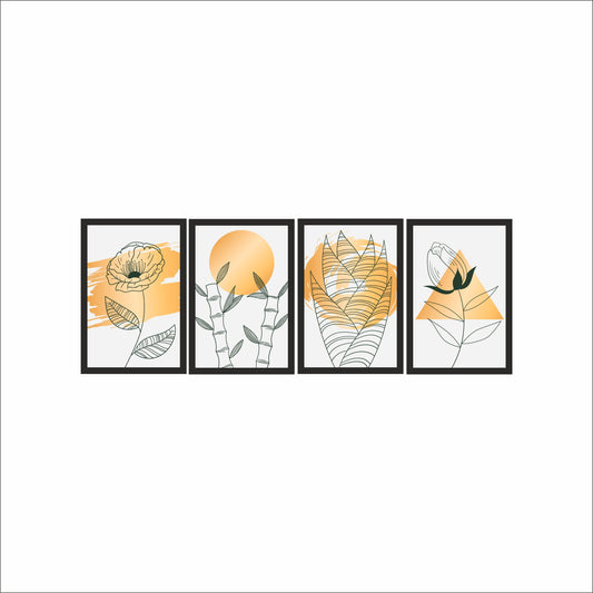 Abstract Botanical Line Art Wall Frame Set of 4 – Modern Yellow Aesthetic 🌿☀️