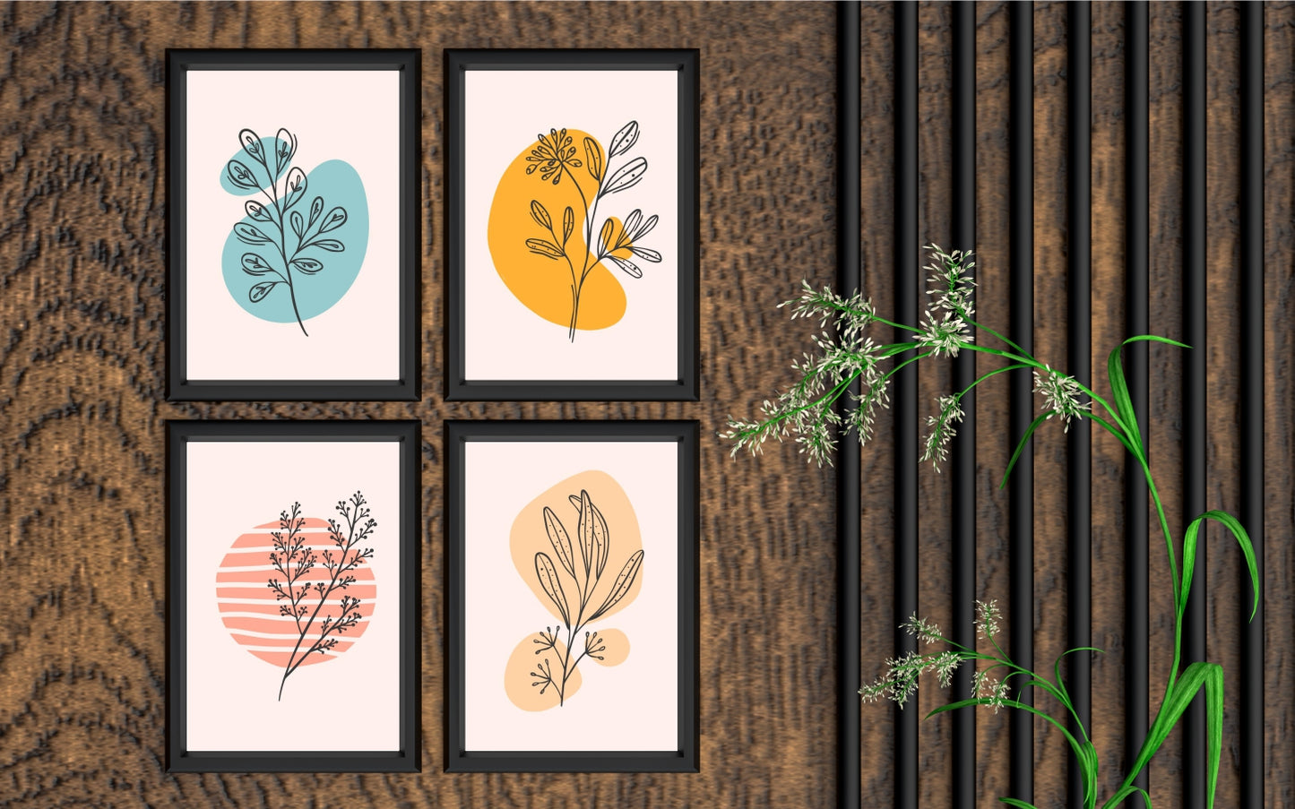 Modern Botanical Line Art Wall Frame Set of 4 – Minimal Aesthetic with Soft Pastel Colors 🌿🎨