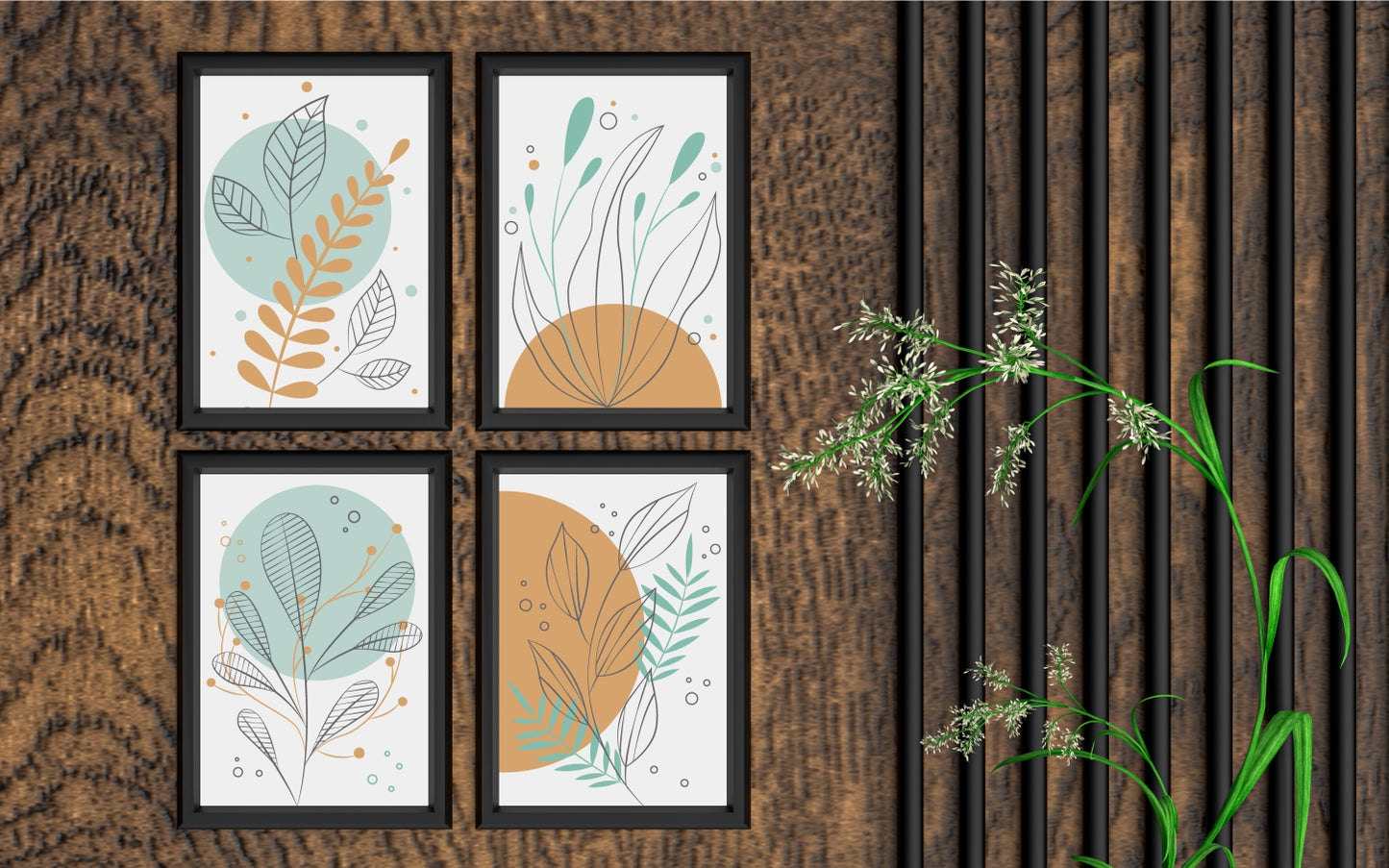 Botanical Harmony Wall Frame Set of 4 – Modern Nature Line Art 🌿✨