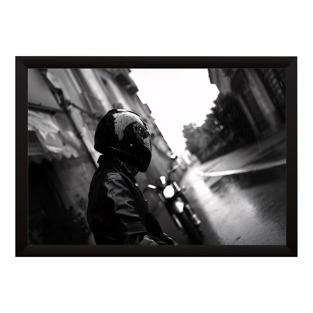 Motorcycle Rider Wall Art | Black & White Urban Photography | Rainy Street Fine Art Canvas Print | Minimalist Industrial Wall Decor