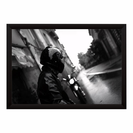 Motorcycle Rider Wall Art | Black & White Urban Photography | Rainy Street Fine Art Canvas Print | Minimalist Industrial Wall Decor