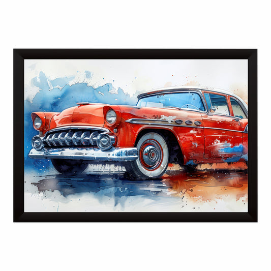 Vintage Red Classic Car Wall Art | Retro Automotive Watercolor Poster