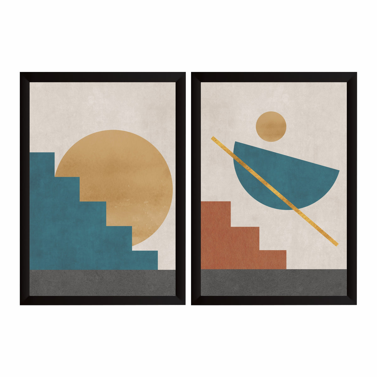Mid Century Modern Geometric Wall Art Set of 2 | Teal Mustard Abstract Sun Prints
