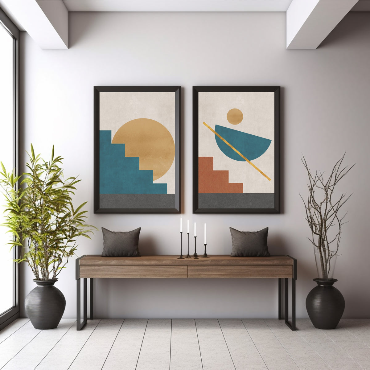 Mid Century Modern Geometric Wall Art Set of 2 | Teal Mustard Abstract Sun Prints