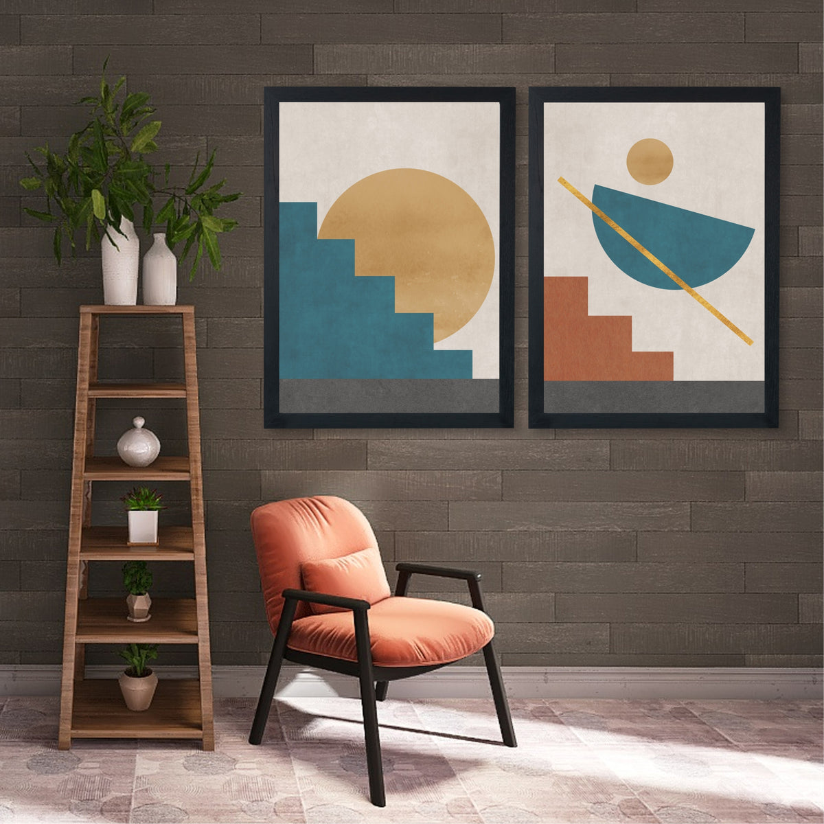 Mid Century Modern Geometric Wall Art Set of 2 | Teal Mustard Abstract Sun Prints