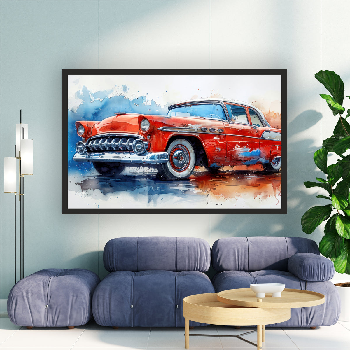 Vintage Red Classic Car Wall Art | Retro Automotive Watercolor Poster