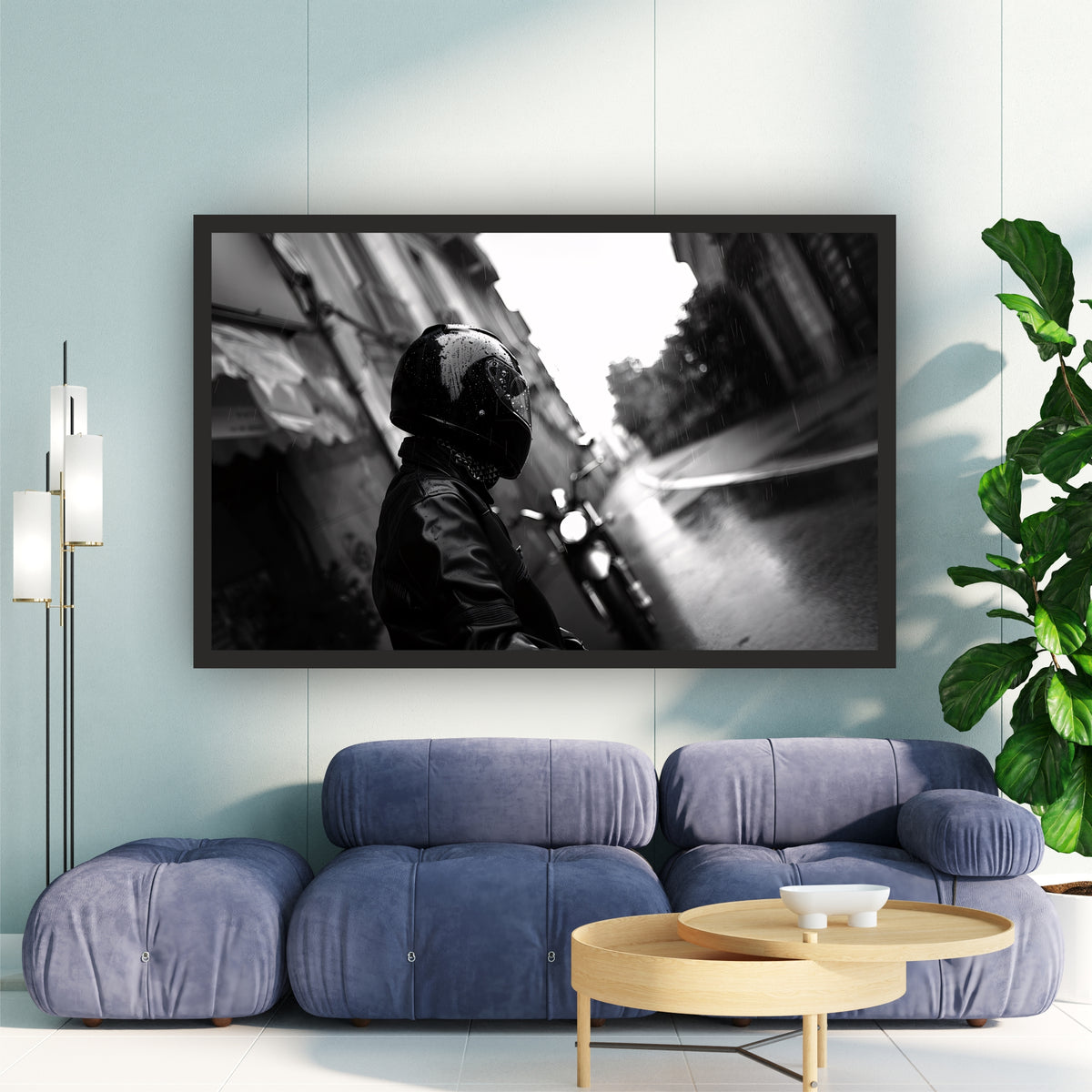 Motorcycle Rider Wall Art | Black & White Urban Photography | Rainy Street Fine Art Canvas Print | Minimalist Industrial Wall Decor