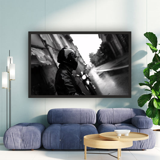 Motorcycle Rider Wall Art | Black & White Urban Photography | Rainy Street Fine Art Canvas Print | Minimalist Industrial Wall Decor
