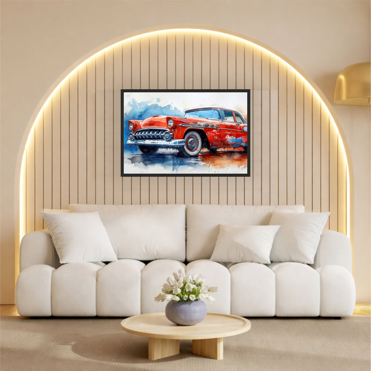 Vintage Red Classic Car Wall Art | Retro Automotive Watercolor Poster