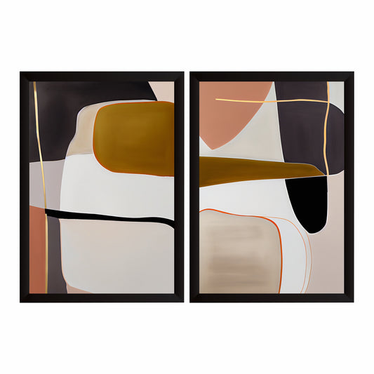 Abstract Geometric Wall Art Set of 2 | Modern Minimalist Black Gold & Mustard Prints