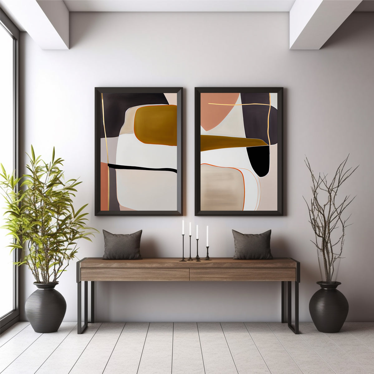Abstract Geometric Wall Art Set of 2 | Modern Minimalist Black Gold & Mustard Prints