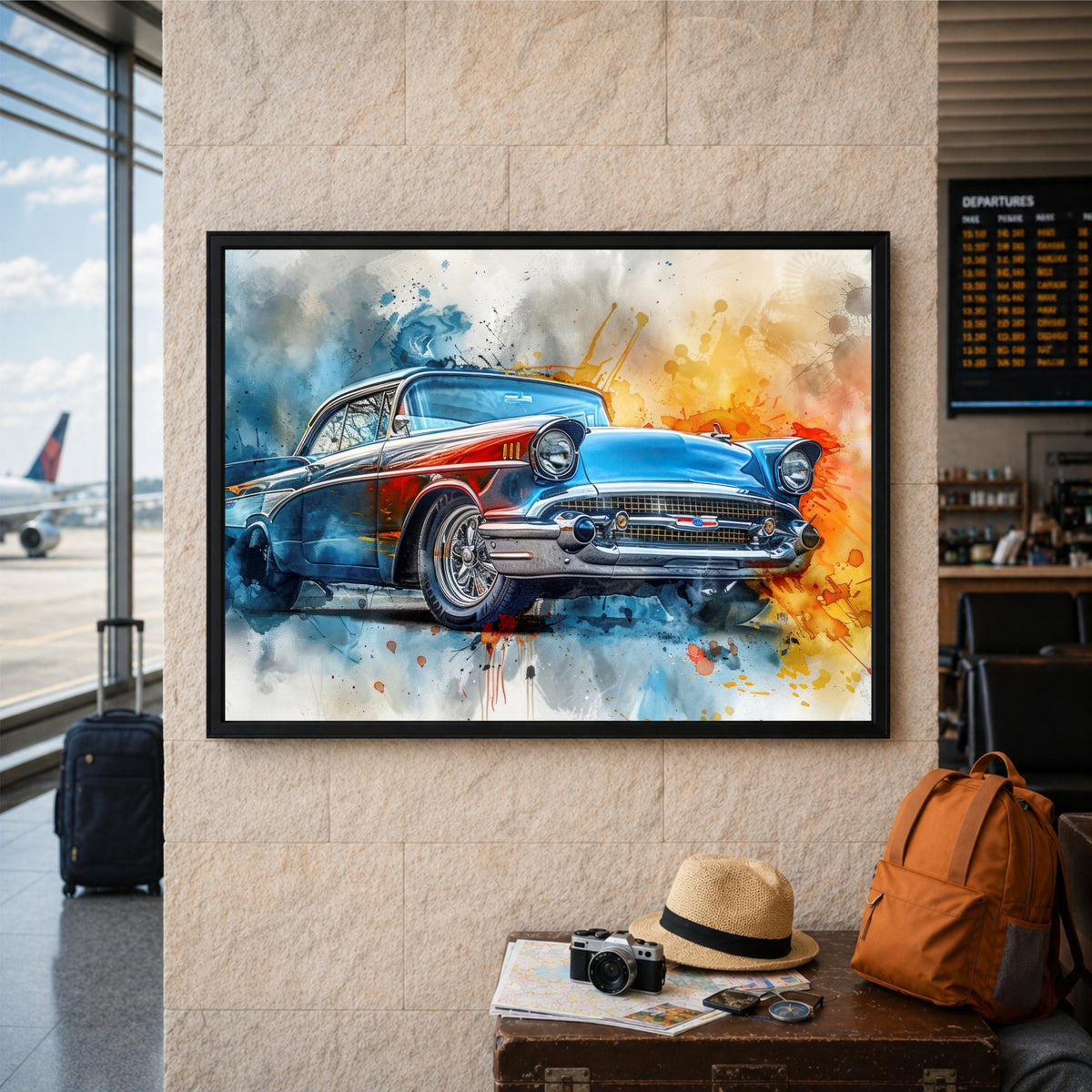 Classic Blue Vintage Car Wall Art | Retro Automotive Watercolor Poster