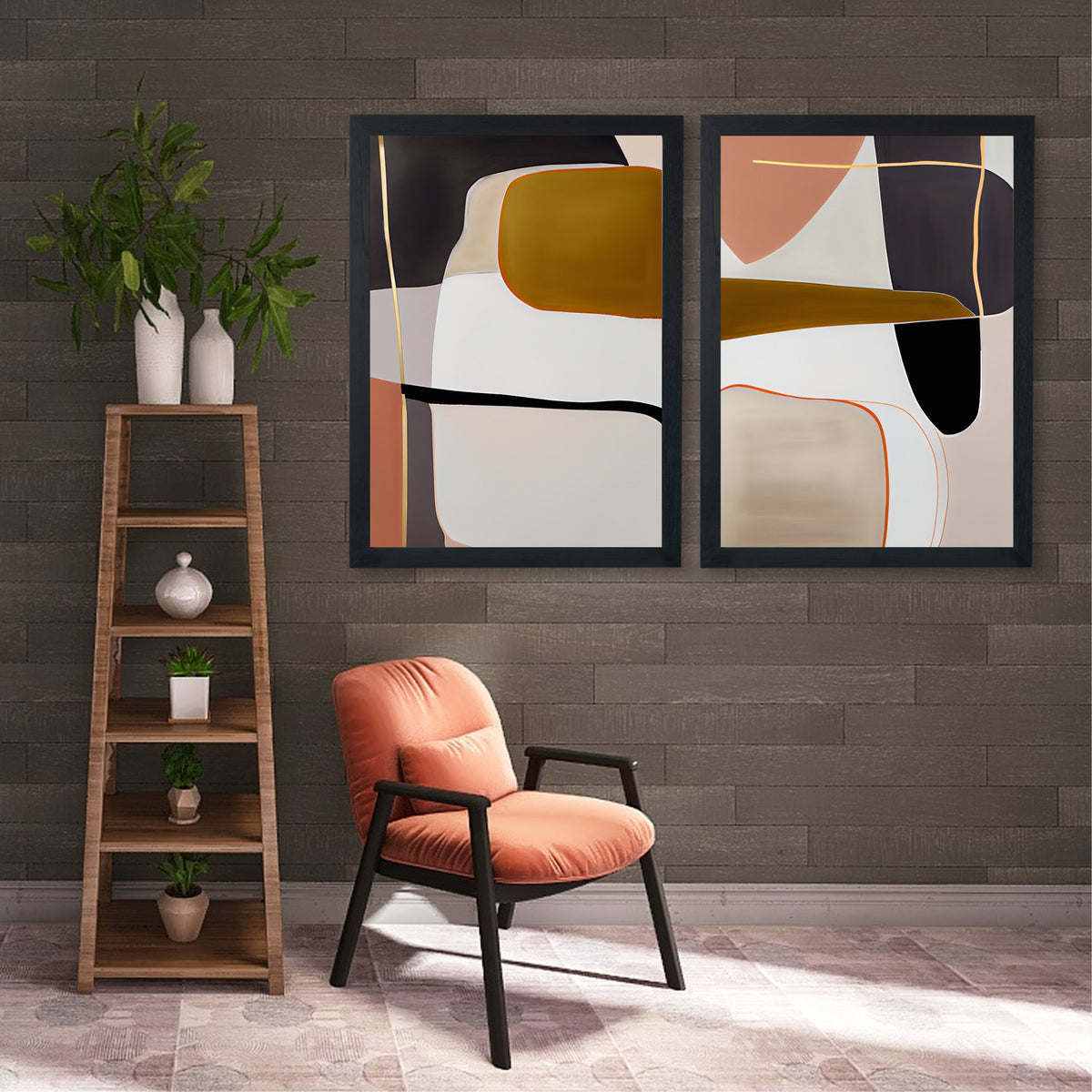 Abstract Geometric Wall Art Set of 2 | Modern Minimalist Black Gold & Mustard Prints