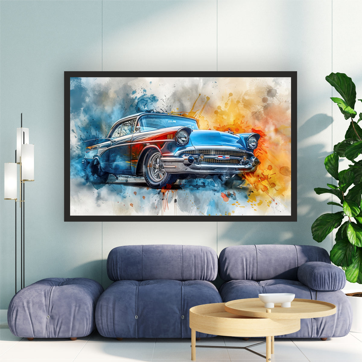 Classic Blue Vintage Car Wall Art | Retro Automotive Watercolor Poster