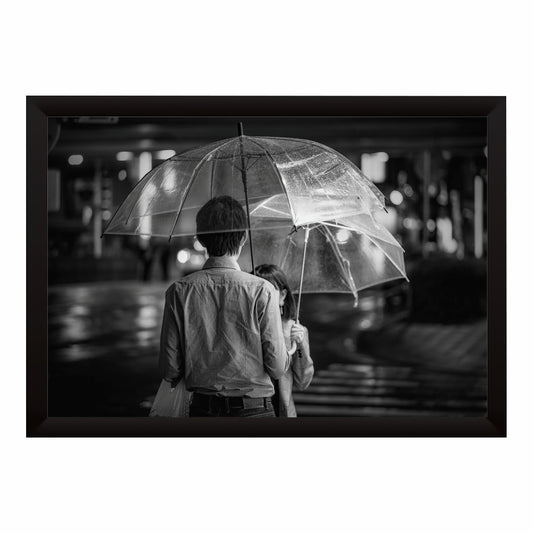 Romantic Couple Under Umbrella Wall Art | Black & White Rain Photography | Fine Art Love Canvas Print | Minimalist Bedroom Wall Decor
