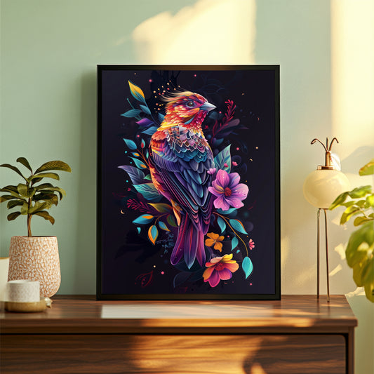 Colorful Bird Wall Art | Exotic Bird & Floral Artwork | Framed Vibrant Bird Print | Nature Wall Decor