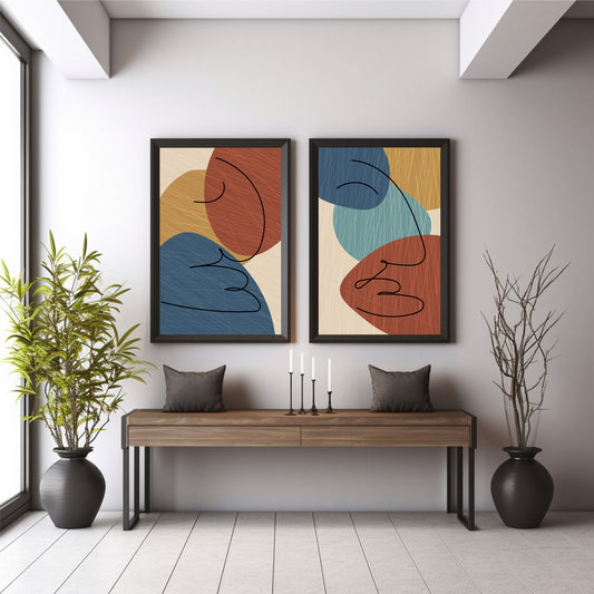 Abstract Face Line Art Wall Decor Set of 2 | Modern Boho Geometric Color Block Prints