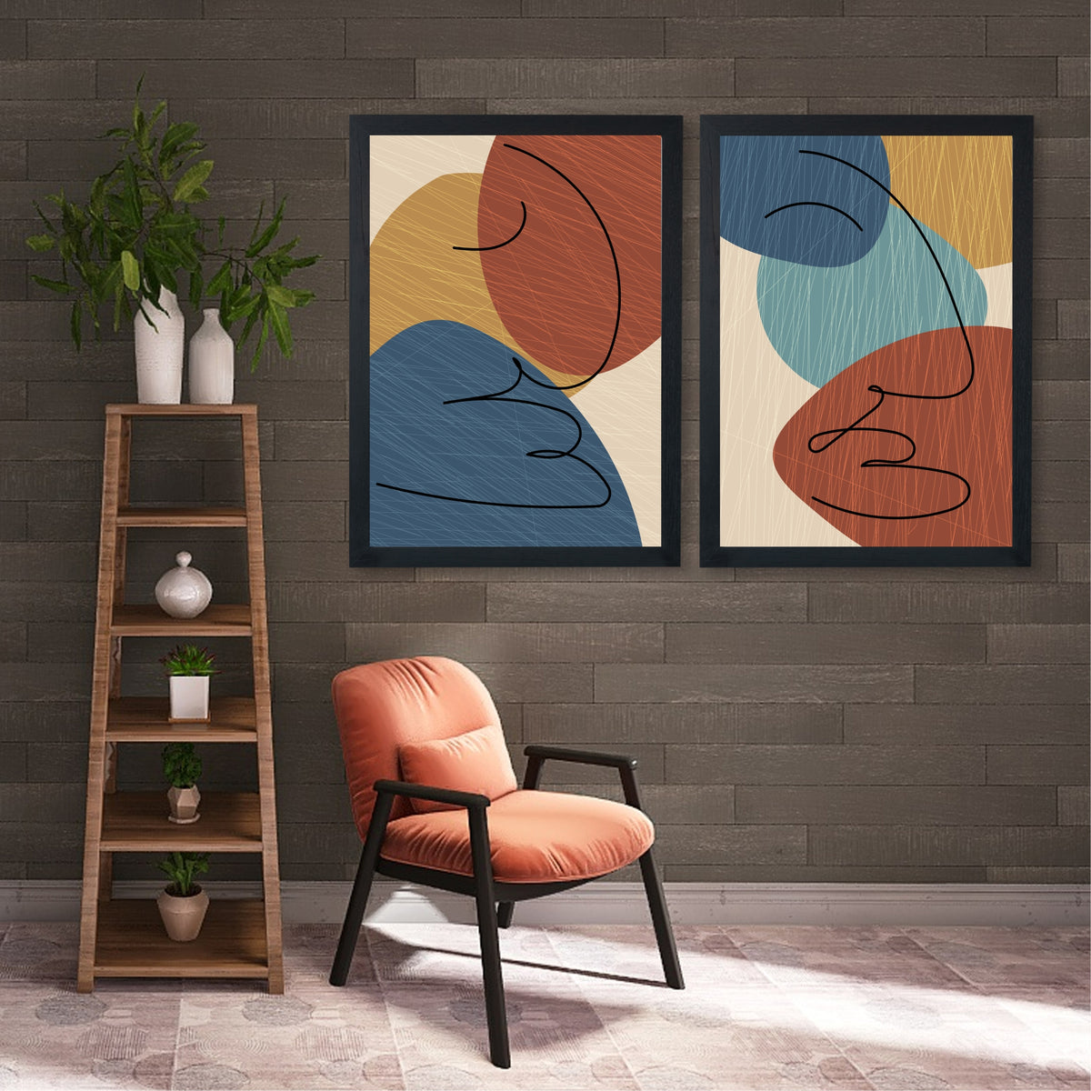 Abstract Face Line Art Wall Decor Set of 2 | Modern Boho Geometric Color Block Prints