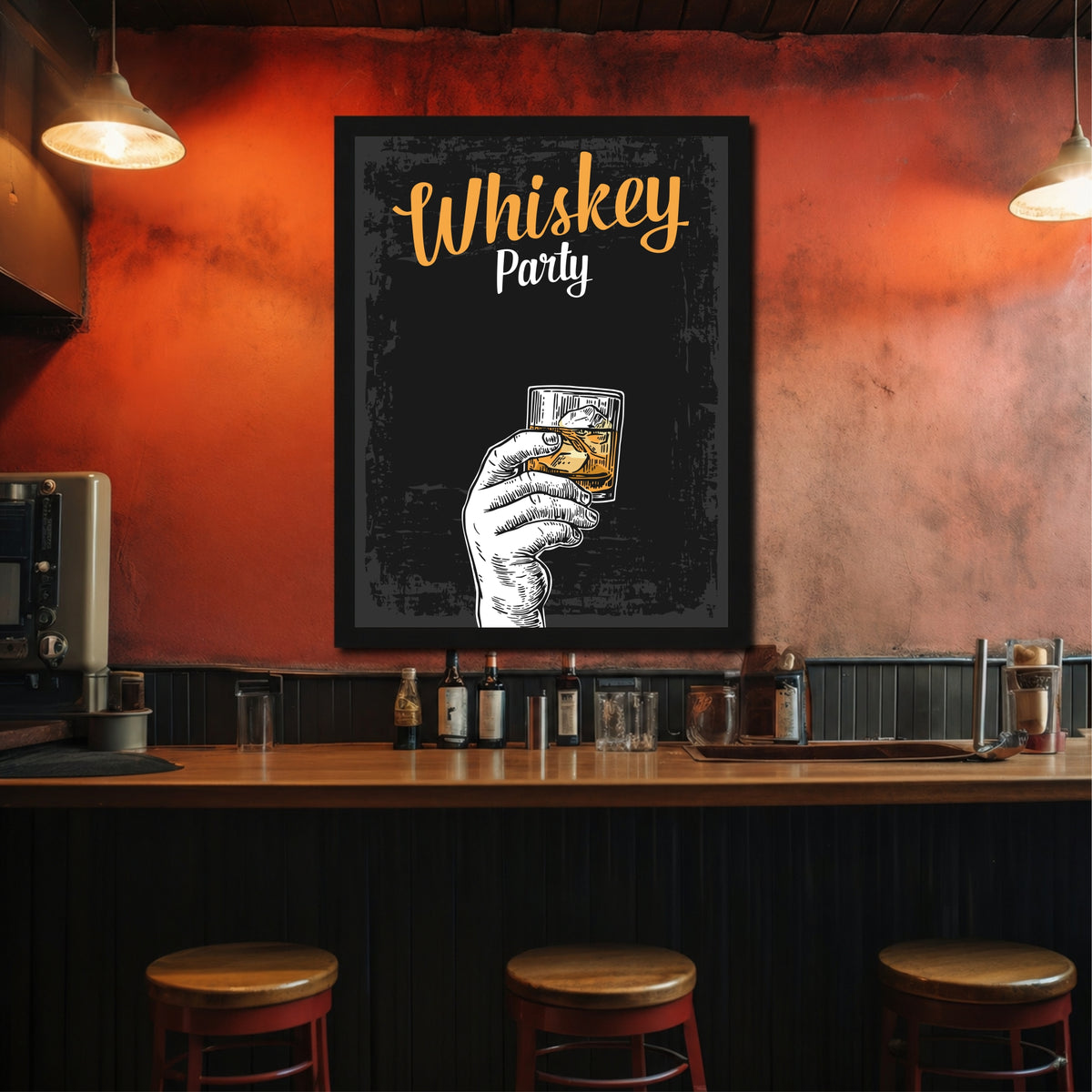 Whiskey Party Wall Art | Whiskey Glass Framed Poster | Bar & Man Cave Décor | Whiskey Lover Wall Art