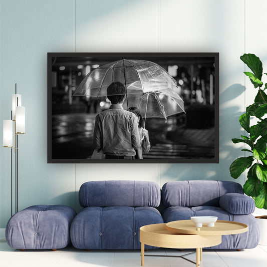 Romantic Couple Under Umbrella Wall Art | Black & White Rain Photography | Fine Art Love Canvas Print | Minimalist Bedroom Wall Decor