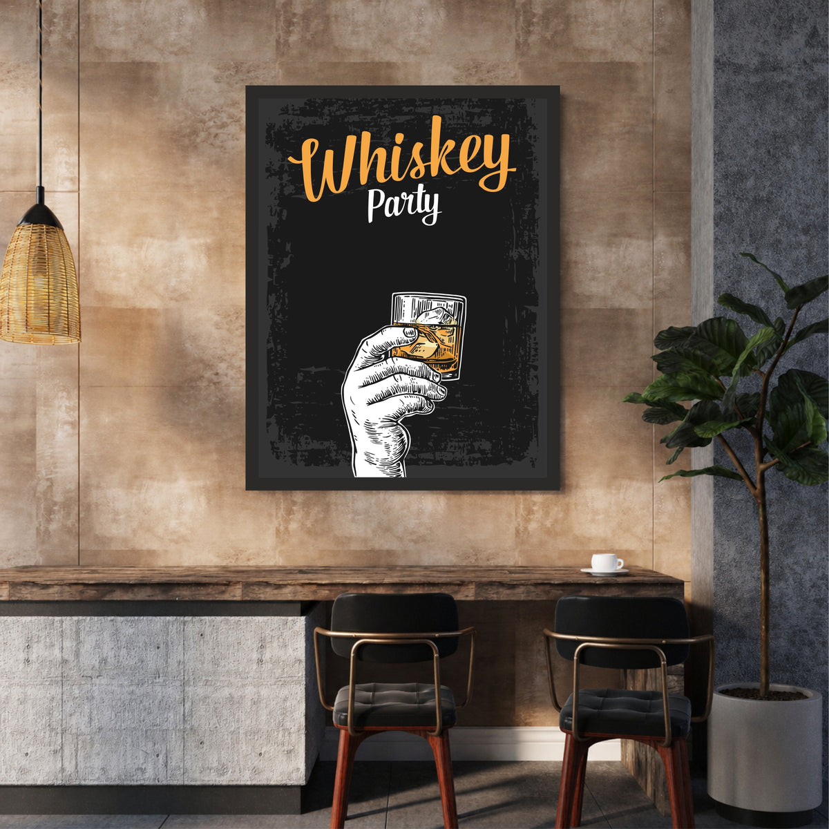 Whiskey Party Wall Art | Whiskey Glass Framed Poster | Bar & Man Cave Décor | Whiskey Lover Wall Art