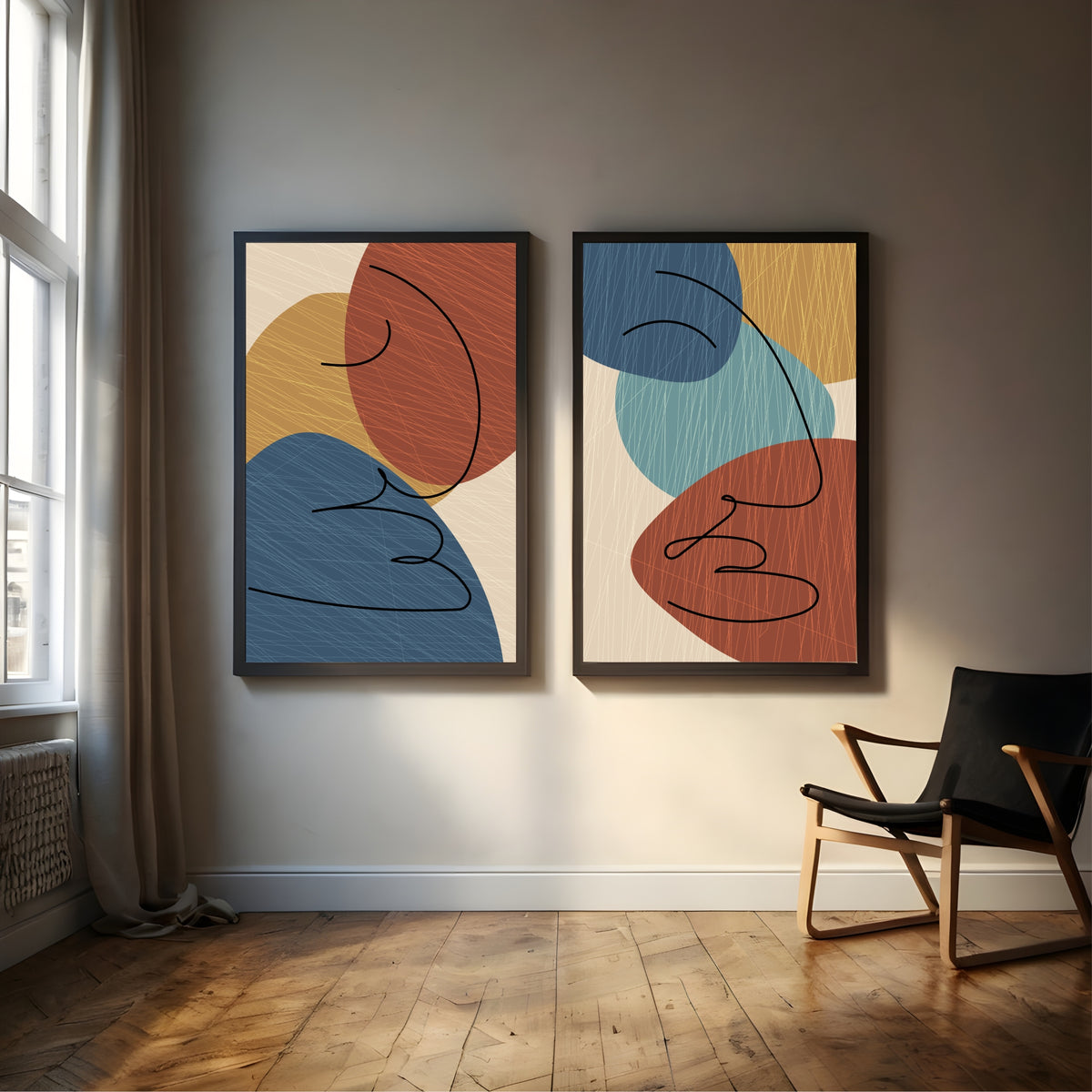 Abstract Face Line Art Wall Decor Set of 2 | Modern Boho Geometric Color Block Prints