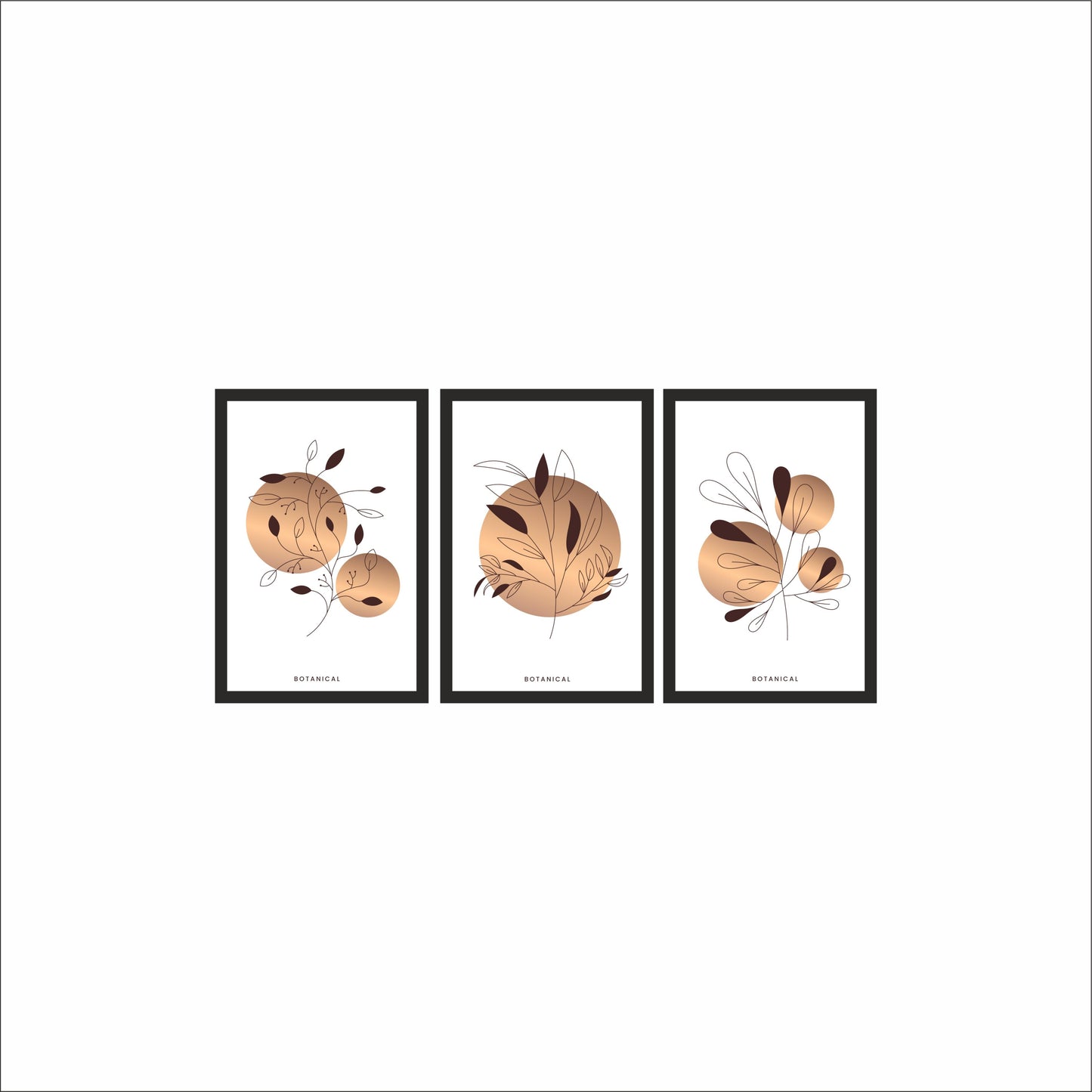 🌿 Golden Minimal Botanical Wall Frame Set of 3 – Modern Nature Line Art Home Décor 🤎