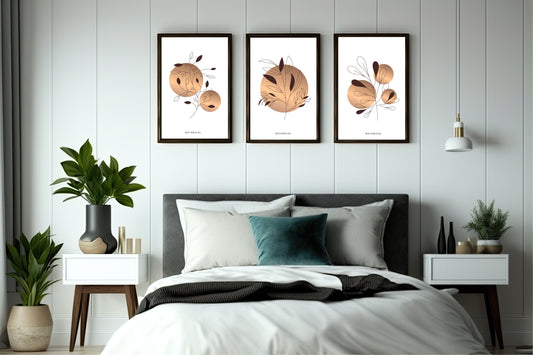 🌿 Golden Minimal Botanical Wall Frame Set of 3 – Modern Nature Line Art Home Décor 🤎