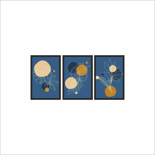 💛 Midnight Botanical Abstract Wall Frame Set of 3 – Premium Modern Home Décor 🌙