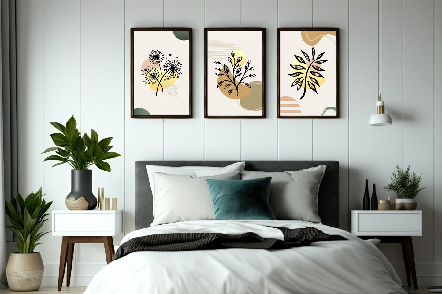 Earthy Botanical Trio Wall Frame Set of 3 – Minimal Nature Line Art for Modern Spaces 🤎