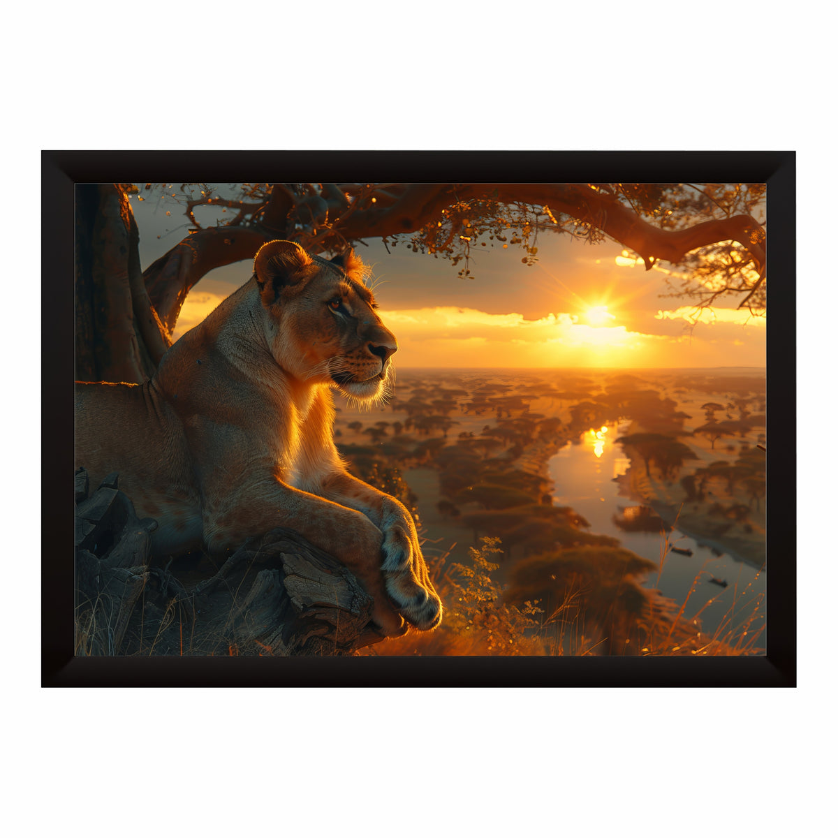 Lioness Wall Art | African Safari Sunset Wildlife Artwork | Framed Lioness Nature Print | Safari Wall Decor