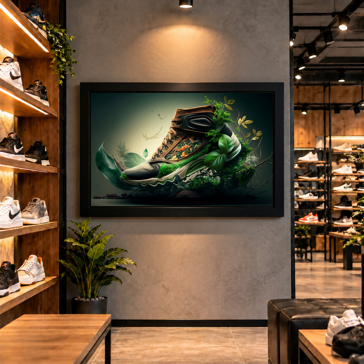 Nature Sneakers Wall Art | Green Botanical Shoes Artwork | Modern Decor