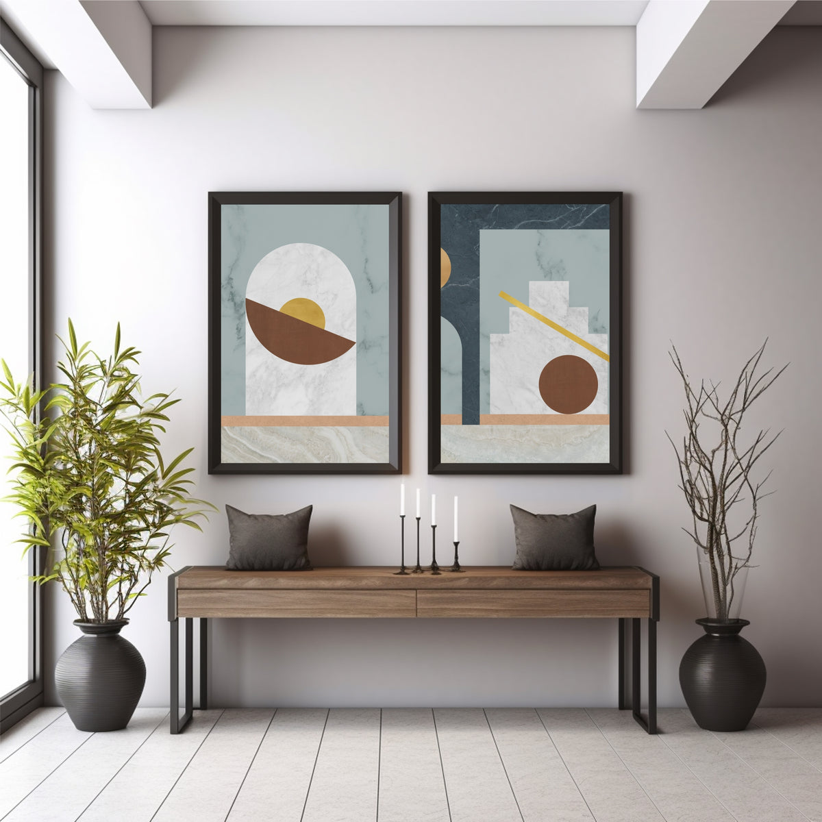 Abstract Marble Geometric Wall Art Set of 2 | Modern Neutral Brown Gold Arch Prints