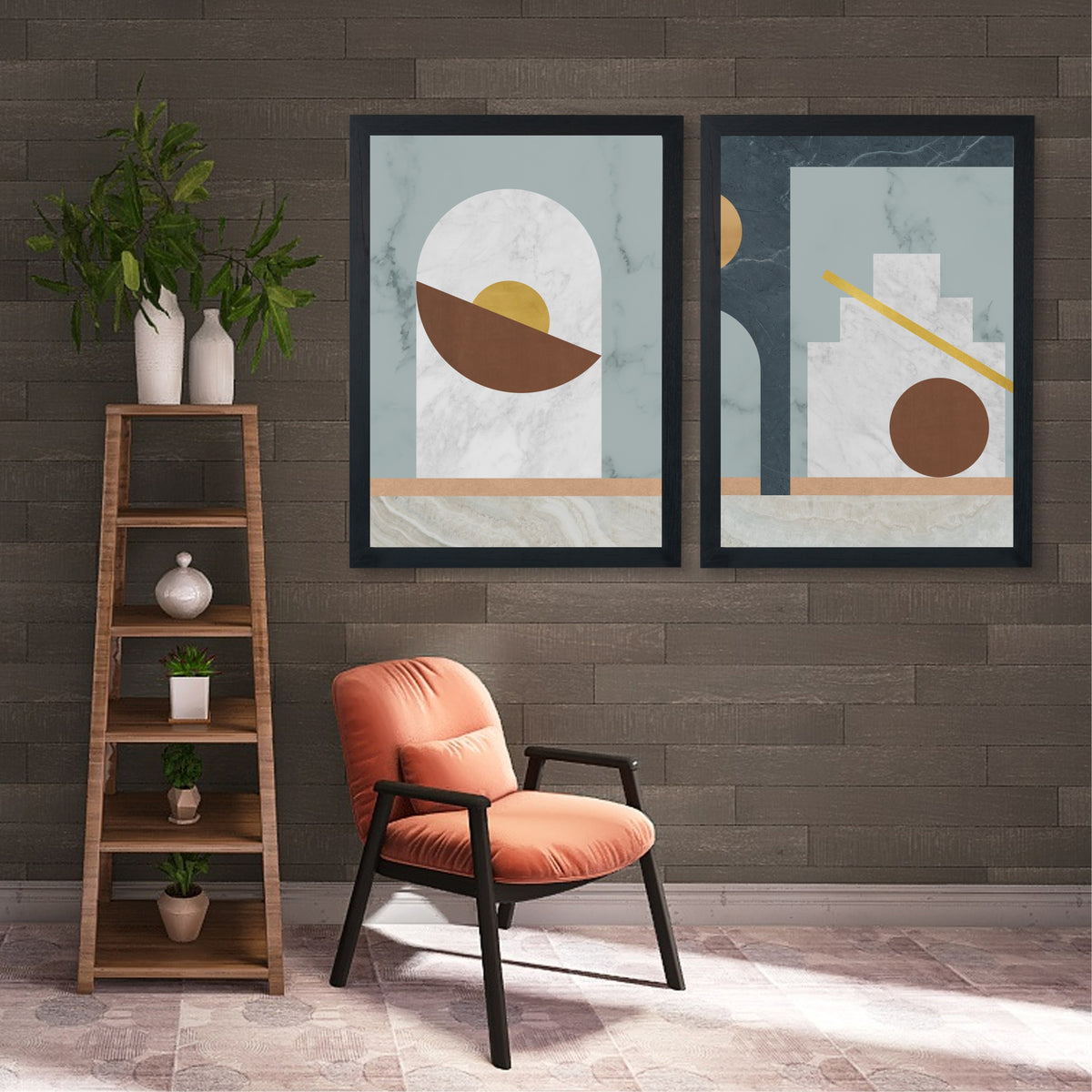 Abstract Marble Geometric Wall Art Set of 2 | Modern Neutral Brown Gold Arch Prints