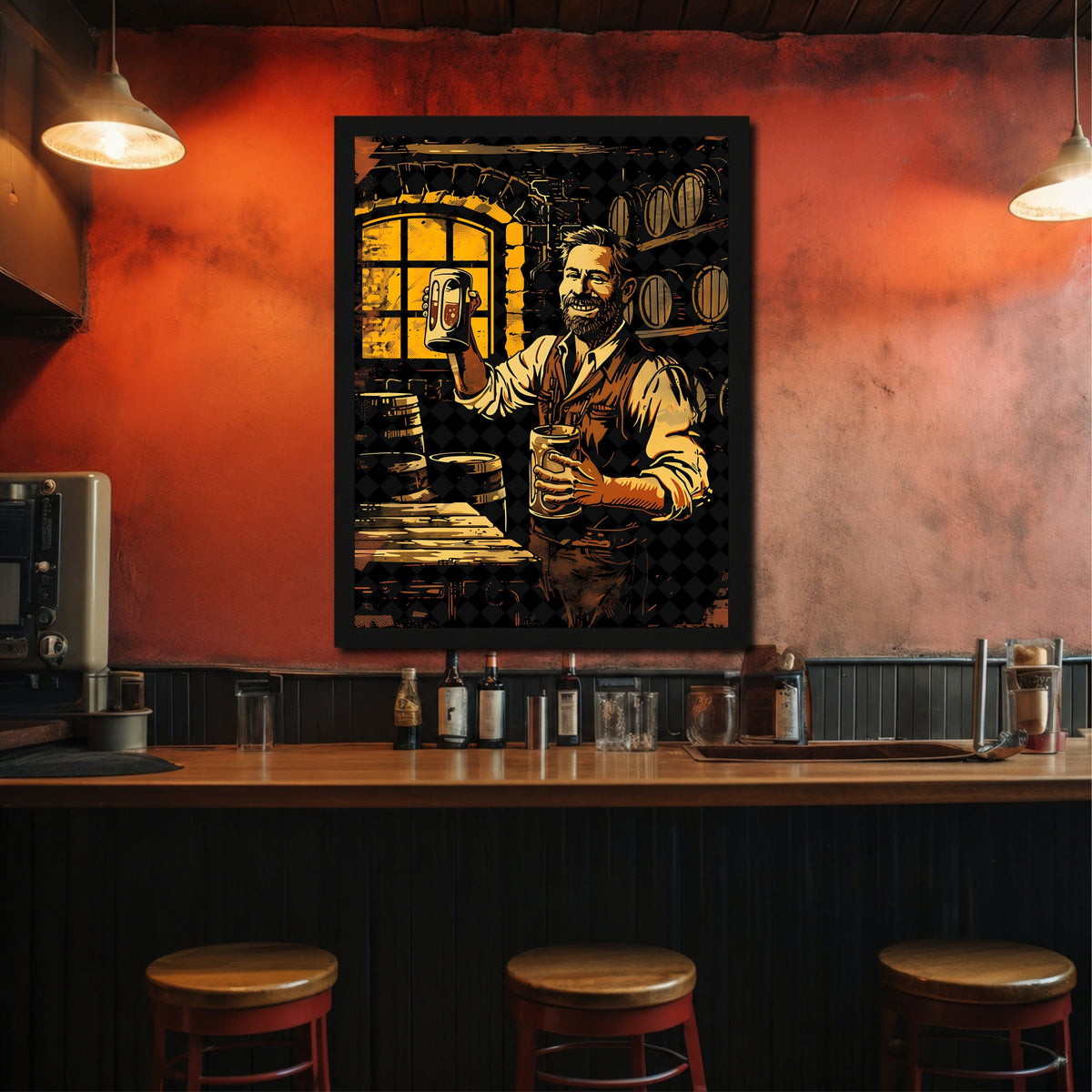 Beer Bar Wall Art | Vintage Pub Beer Poster | Man Drinking Beer Framed Wall Decor | Bar & Man Cave