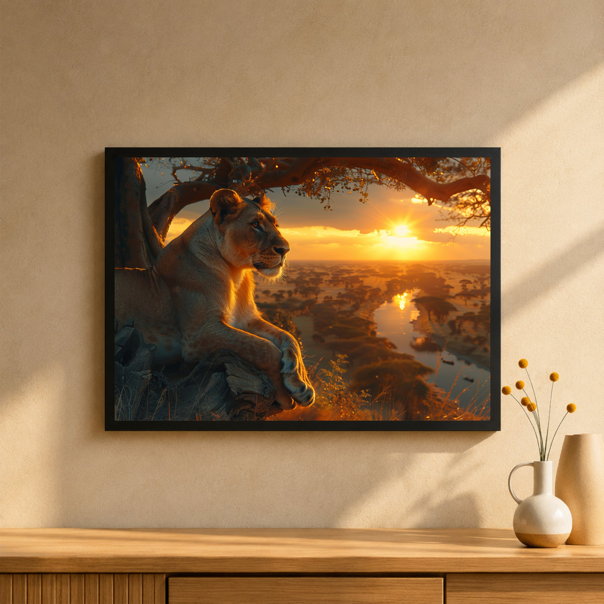Lioness Wall Art | African Safari Sunset Wildlife Artwork | Framed Lioness Nature Print | Safari Wall Decor