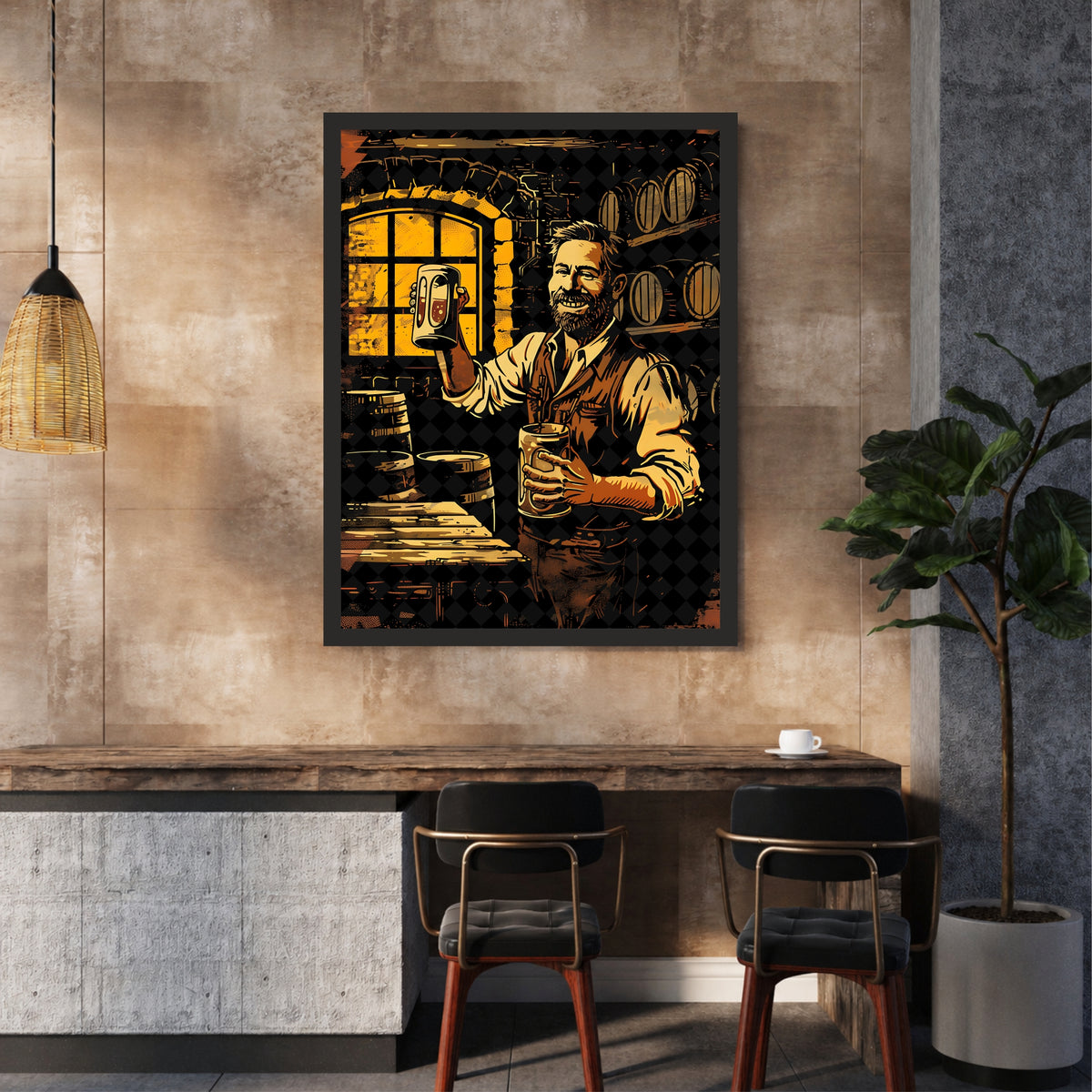 Beer Bar Wall Art | Vintage Pub Beer Poster | Man Drinking Beer Framed Wall Decor | Bar & Man Cave