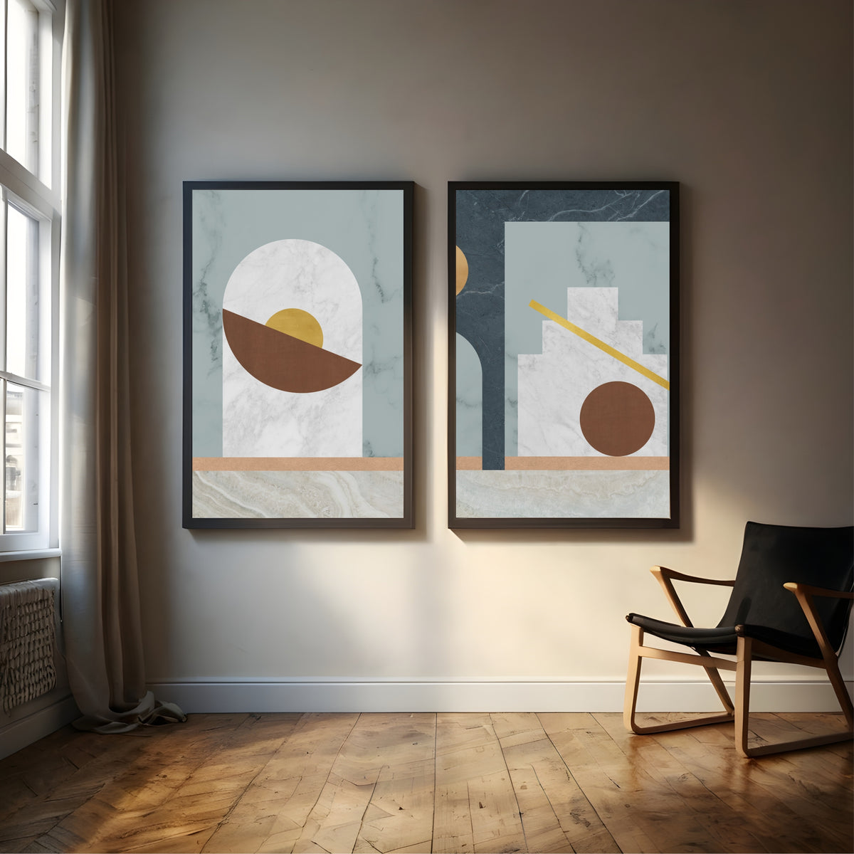 Abstract Marble Geometric Wall Art Set of 2 | Modern Neutral Brown Gold Arch Prints