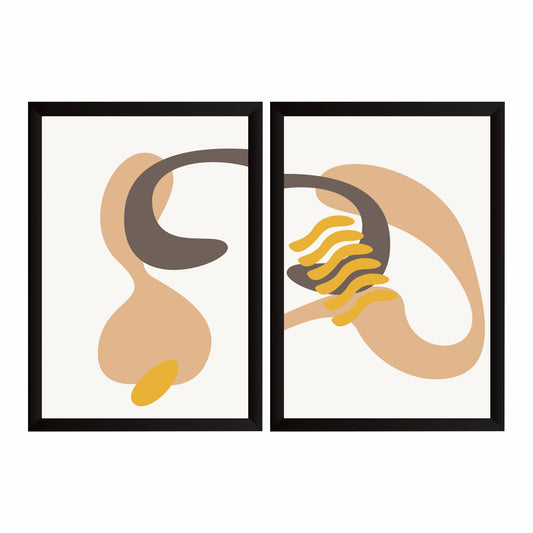 Abstract Organic Face Wall Art Set of 2 | Minimalist Beige Brown & Mustard Modern Prints