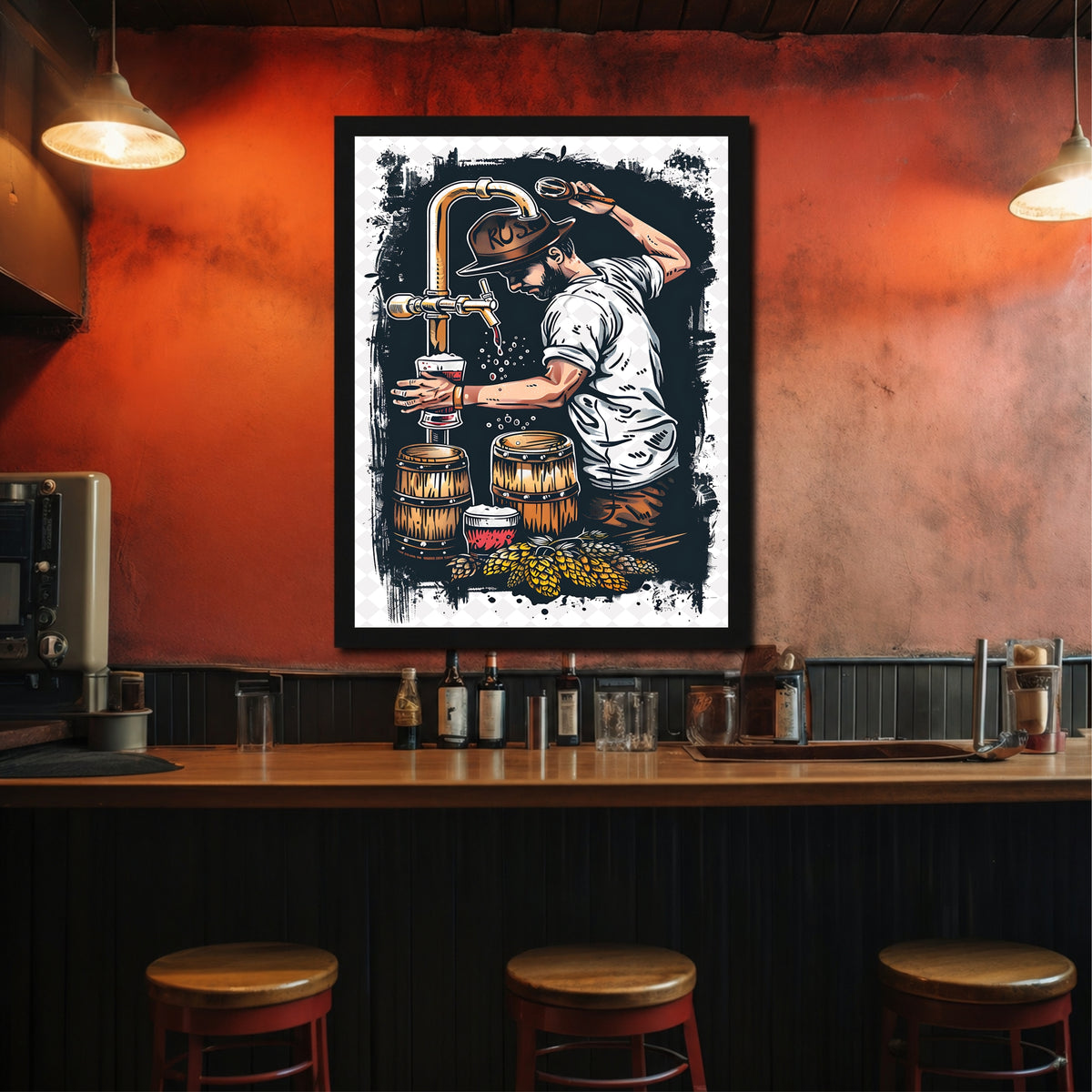 Beer Tapper Wall Art | Vintage Beer Brewing Poster | Brewery Bar Framed Wall Decor | Beer Lover Artwork