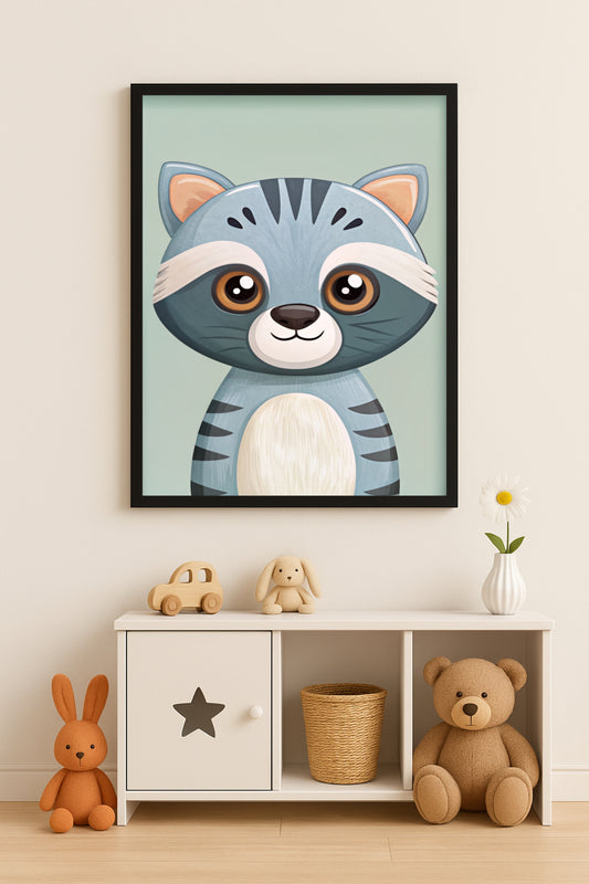 Playful Raccoon Kids Wall Frame – Cute Forest Friend for Happy Spaces 🦝💚