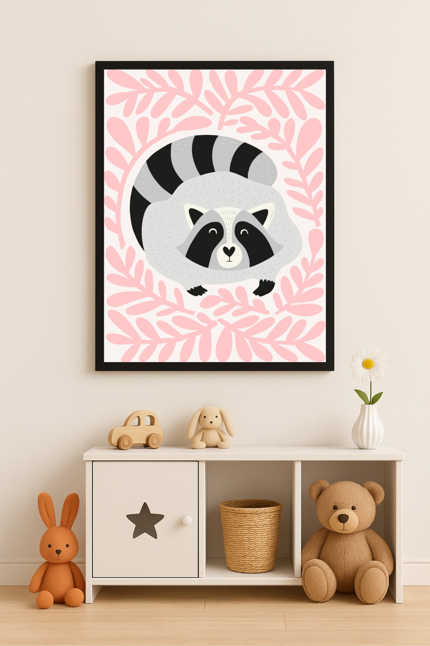 Sweet Raccoon Kids Wall Frame – Adorable Forest Art for Happy Spaces 🦝🌸