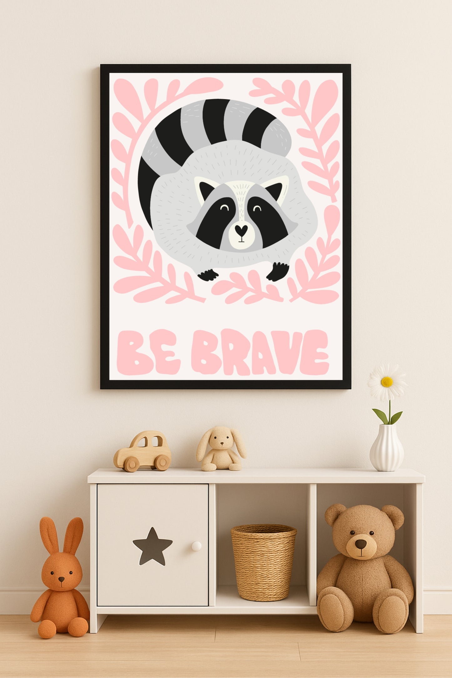 Be Brave Raccoon Kids Wall Frame – Cute & Courageous Room Art 🦝💖