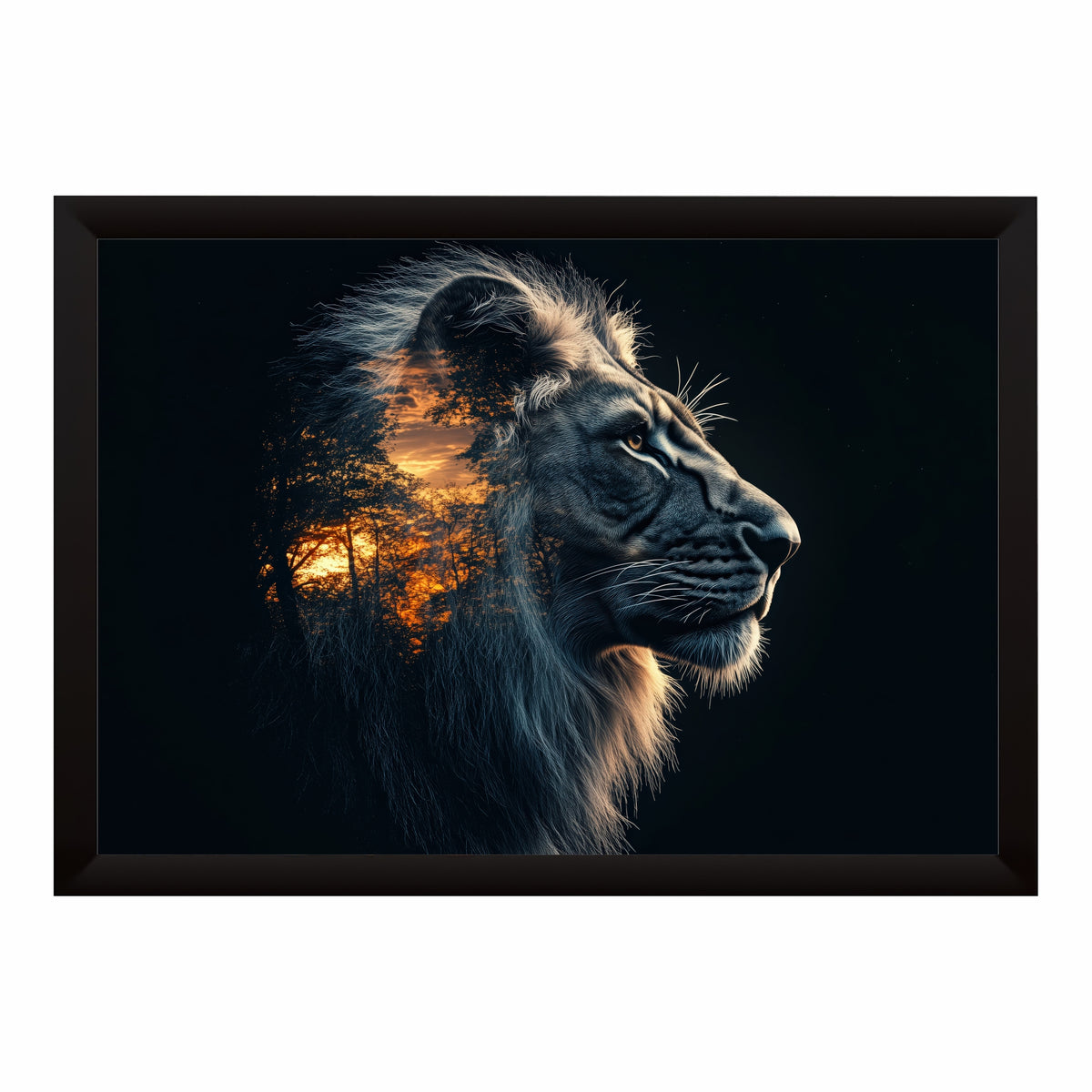 Lion Wall Art | Double Exposure Lion Artwork | African Safari Sunset Wildlife Decor | Framed Animal Wall Decor