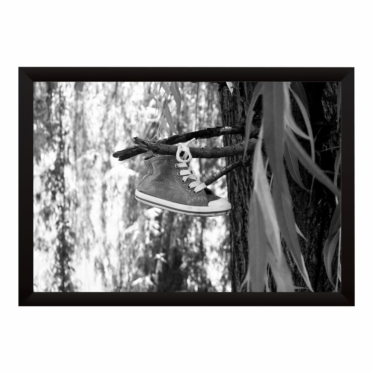 Hanging Sneaker Wall Art | Black & White Shoes Artwork | Nature Decor