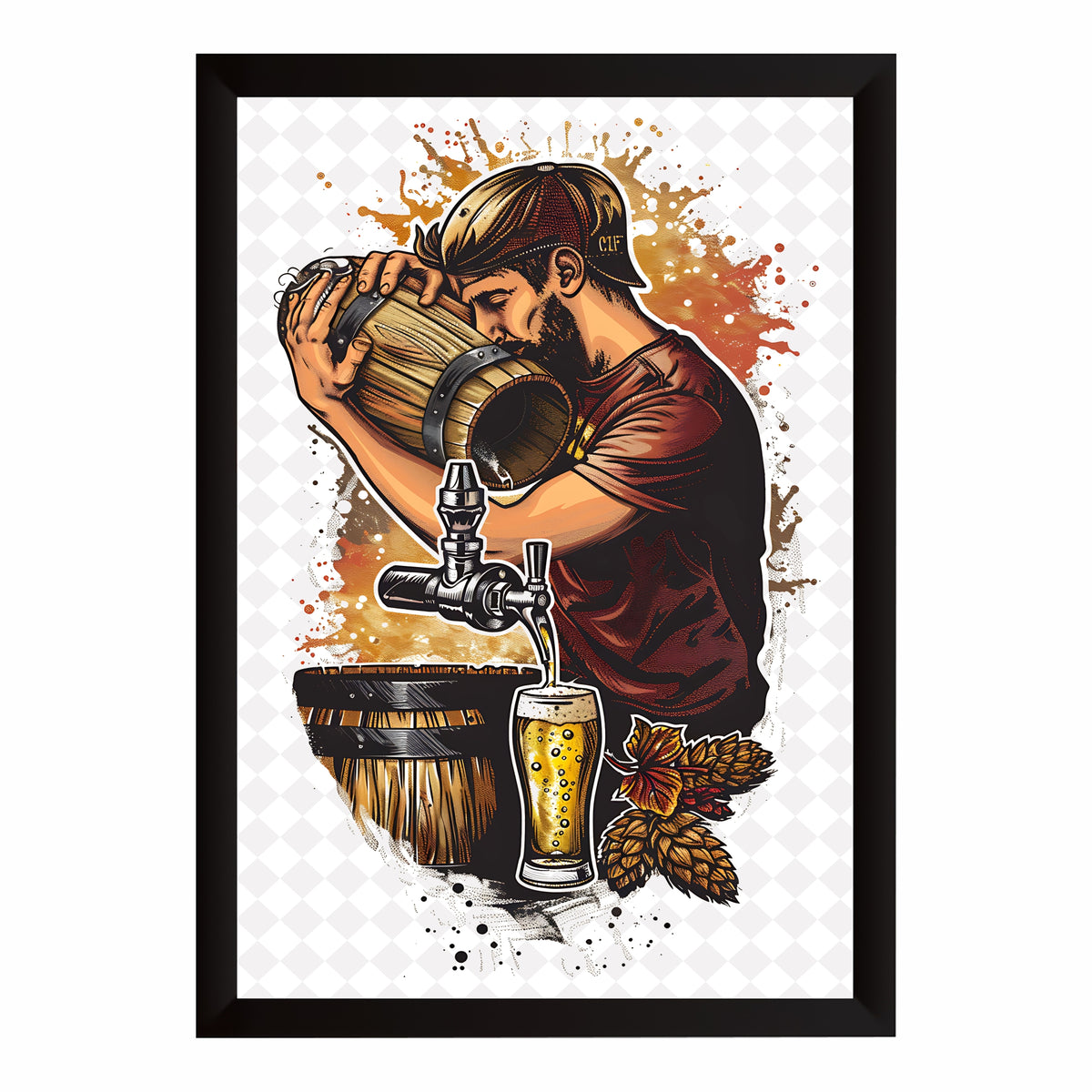 Beer Brewery Wall Art | Framed Vintage Beer Barrel & Tap Artwork | Pub Bar Décor | Beer Lover Wall Art