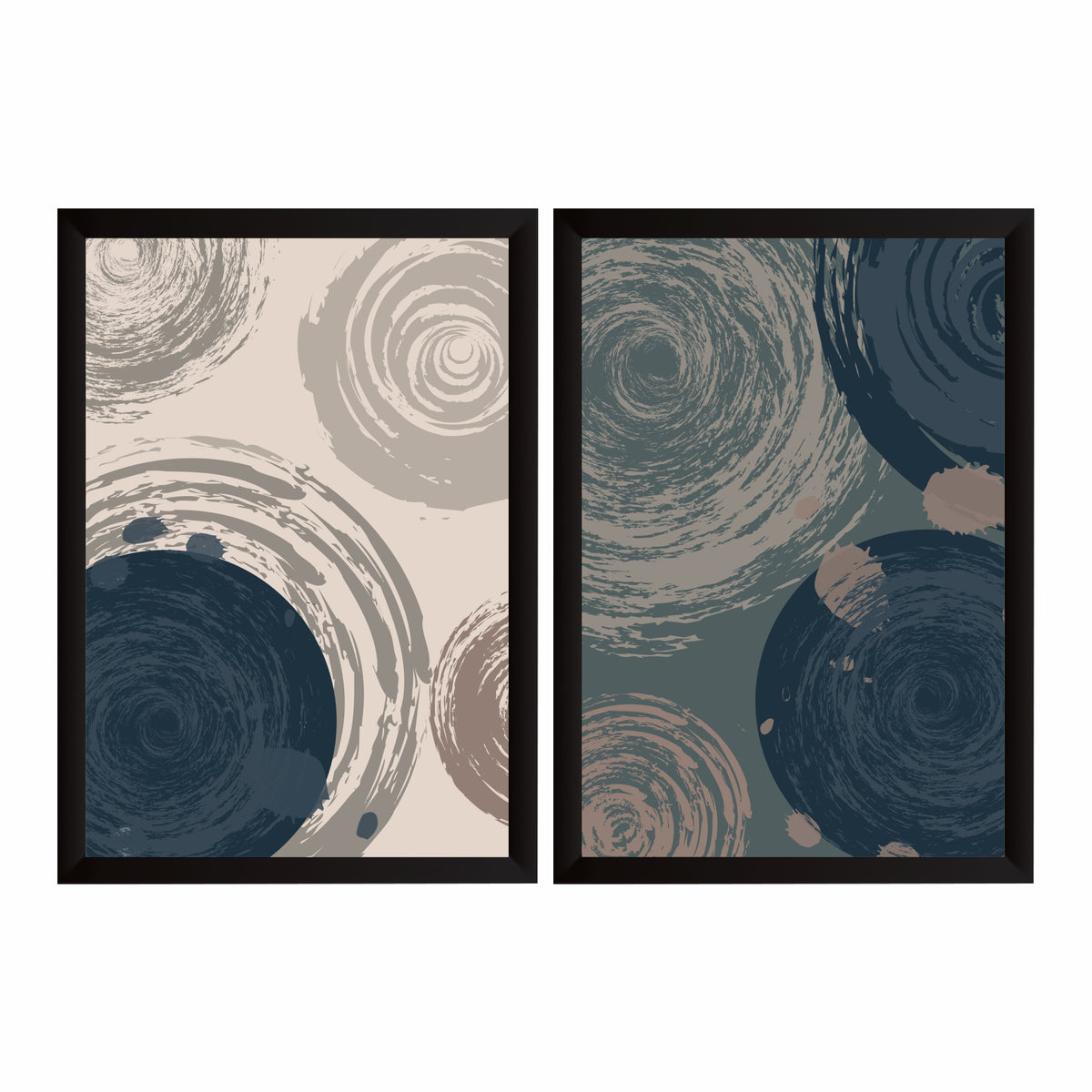 Abstract Swirl Wall Art Set of 2 | Navy Blue & Beige Textured Circular Modern Prints